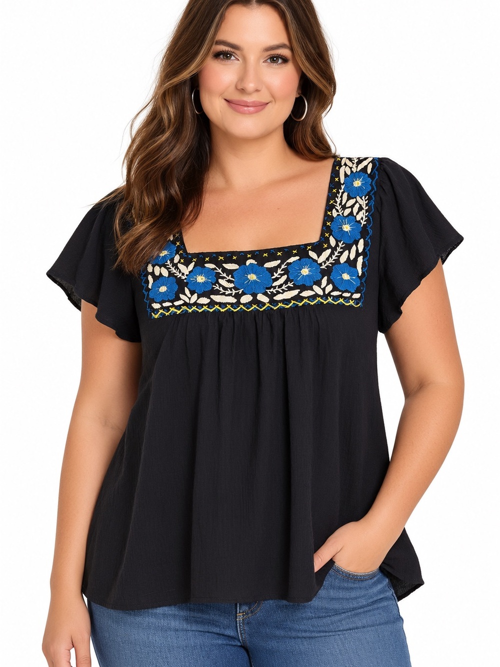 INC International Concepts Black Embroidered Square-Neck Top